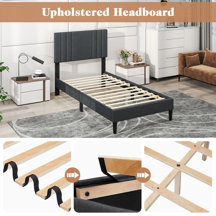 Giantex Queen/Full/Twin Size Modern Upholstered Platform Bed Frame with Vertical Channel Tufted Headboard