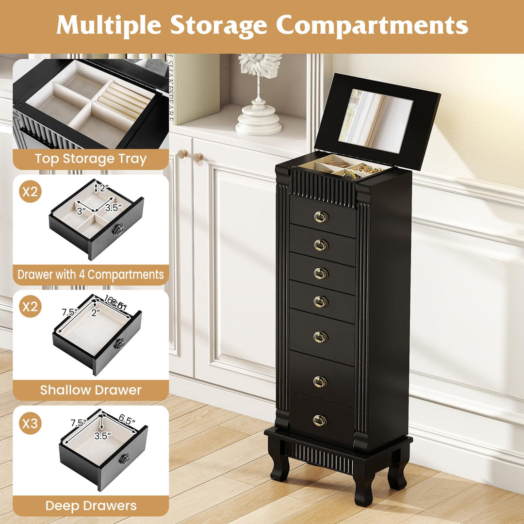 Giantex Standing Jewelry Cabinet with 7 Drawers Flip-Top Mirror 2 Side Doors