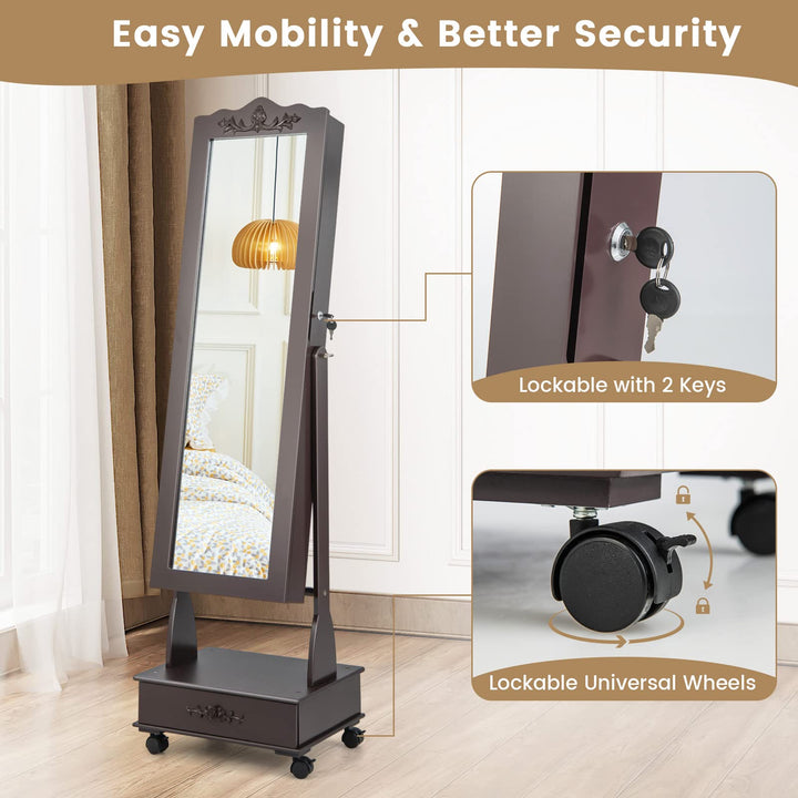 CHARMAID 6 LEDs Rolling Jewelry Cabinet with High Full Length Mirror, Lockable Standing Jewelry Armoire with Wheels