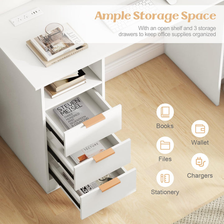 Giantex White Desk with Drawers, Modern Home Office Desk Writing Study Desk with Charging Station