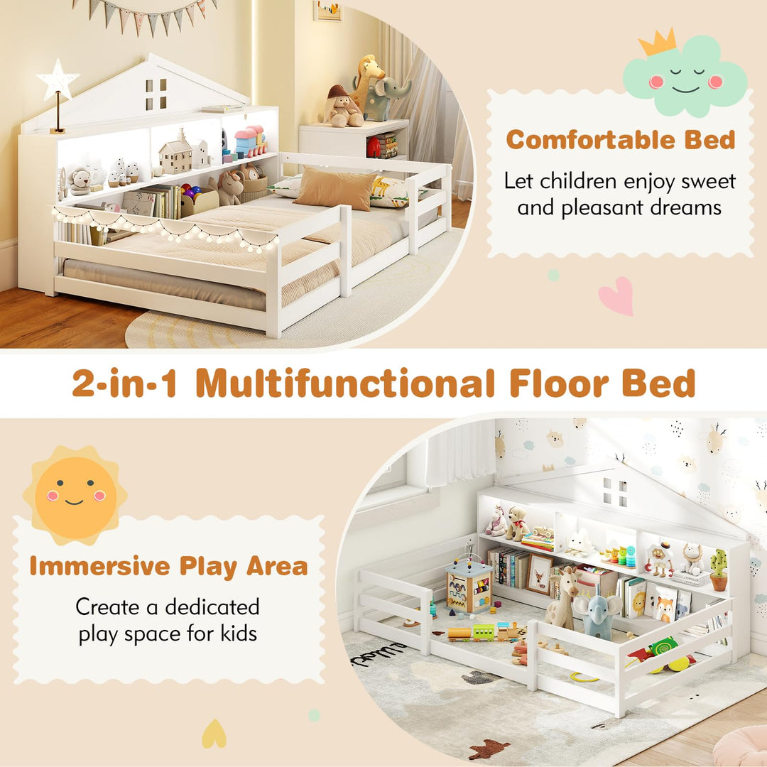 Giantex Montessori Floor Bed with LED Lights 2-in-1 Wooden House Bed Frame with Safety Guardrails