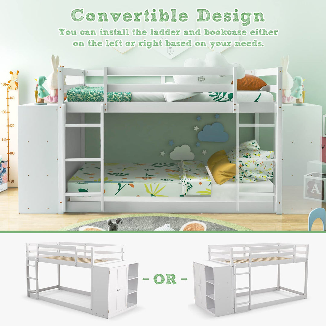 Giantex Twin Over Twin Bunk Bed with Storage Shelves, Solid Wood Bunk Bed Frame with Convertible Bookcase &amp; Ladder, White