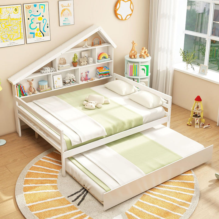 Giantex Full House Bed with Twin Trundle, Wood Daybed with 5 Cube Storage Bookcase &amp; Headboard