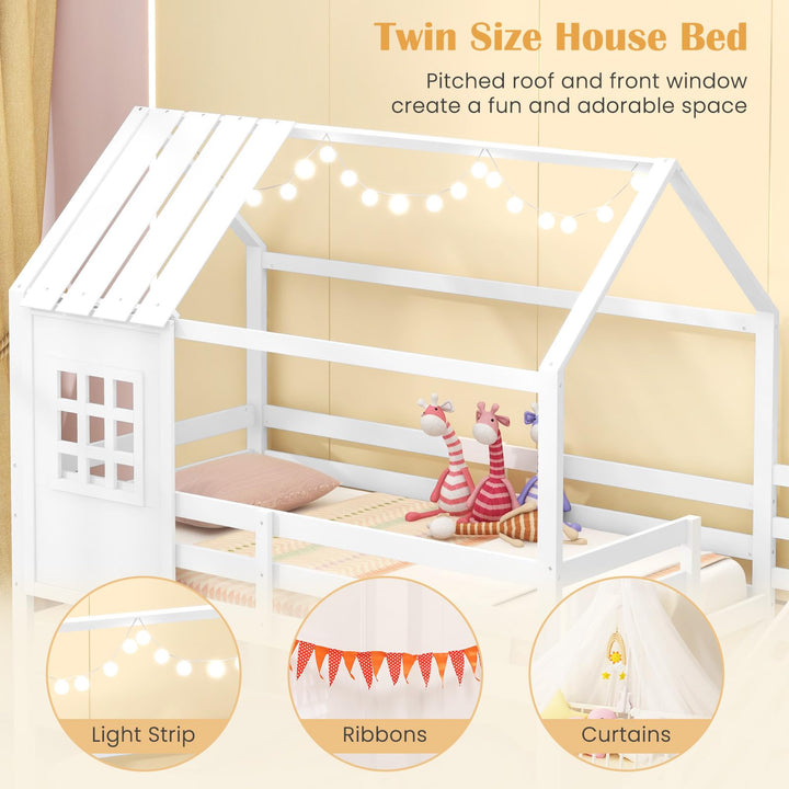 Giantex Twin Bunk Beds with Stairs, Floor House Bed with Roof &amp; Window