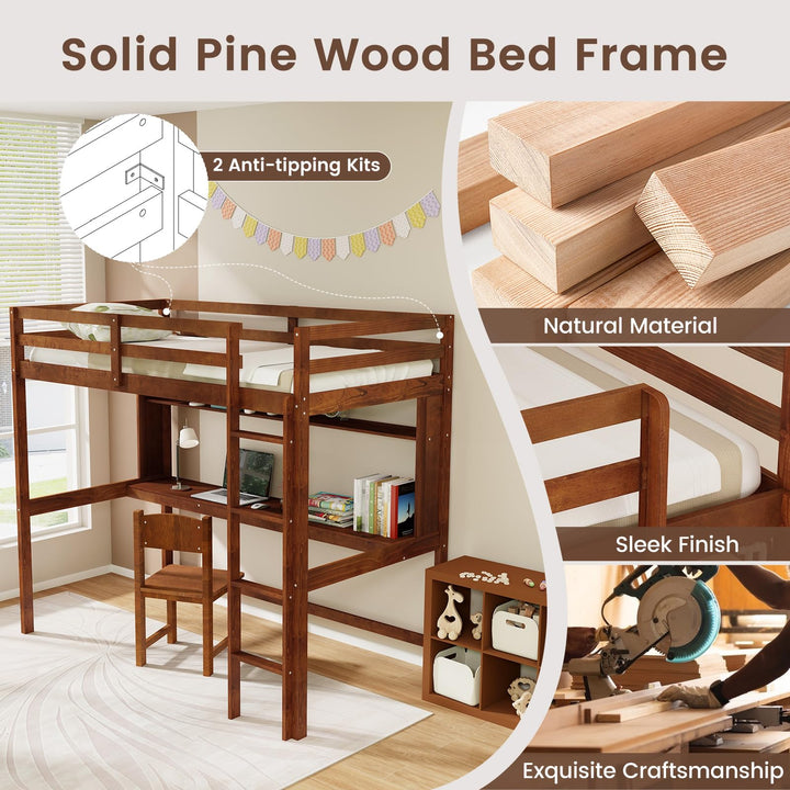 Giantex Twin Loft Bed with Desk and Bookshelf, Wooden Bed Frame with Safety Guardrail &amp; Ladder