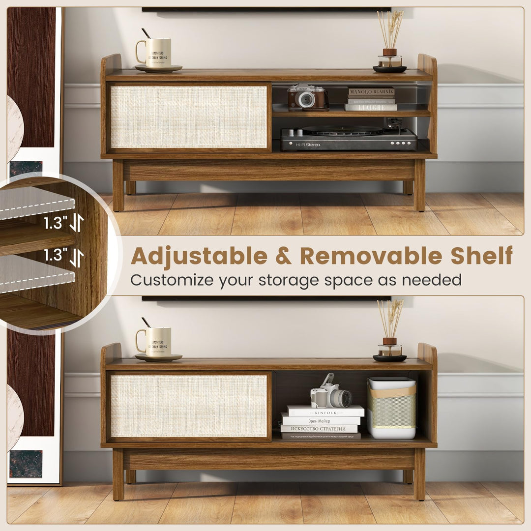 Giantex Coffee Table with Storage and Sliding Doors, Mid-Century Modern Coffee Table with Adjustable &amp; Removable Shelf