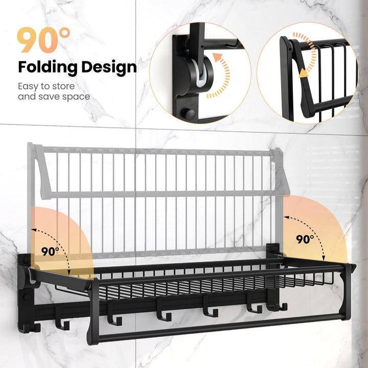 Giantex Foldable Towel Rack for Bathroom, Wall Mounted Towel Holder Organizer w/ 1 Basket, 1 Towel Bar &amp; 5 Sliding Hooks