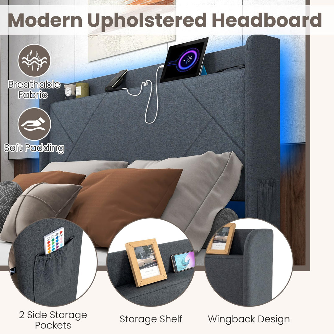 Giantex Full/Queen Size Bed Frame with 4 Storage Drawers &amp; LED Lights, Headboard &amp; Charging Station, Wooden Slats, Easy Assembly, Grey