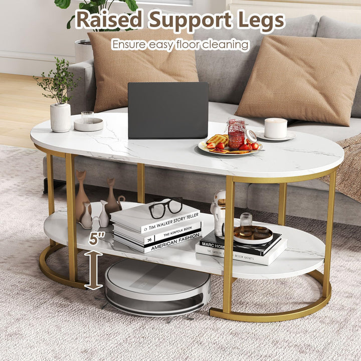 Giantex 2-Tier Coffee Table Oval Center Table with Wood Grain Top &amp; Open Storage Shelf