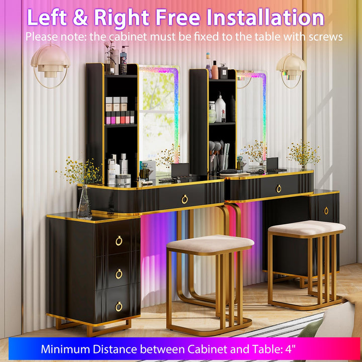 CHARMAID RBG LED Makeup Vanity Table, Colorful Lighted Mirror, 7 Dynamic &amp; 7 Static Modes, 3-Drawer Chest
