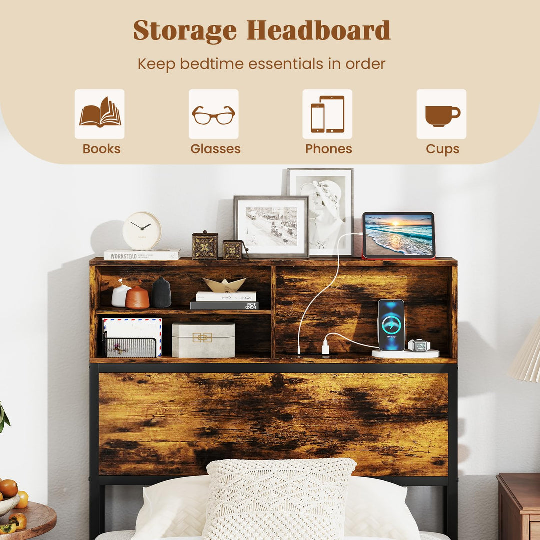Giantex King/Queen/Twin Size Bed Frame with Storage Headboard and Charging Station, Industrial Metal Platform Bed