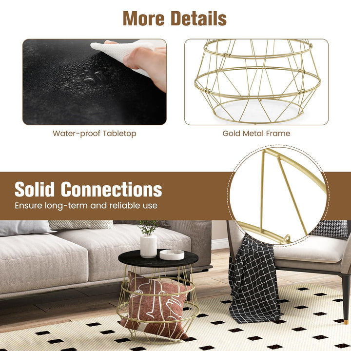 Giantex Round Coffee Table, Faux Marble Side End Table with Gold Metal Frame &amp; Removeable Top
