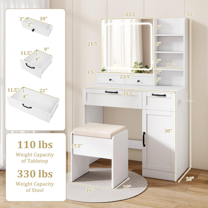CHARMAID Vanity Desk with Lighted Mirror with Charging Station Storage Stool Drawers Shelves &amp; Cabinet