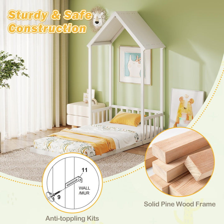 Giantex Twin Size House Bed Montessori Floor Bed with House Shape Roof &amp; Semi-Fence