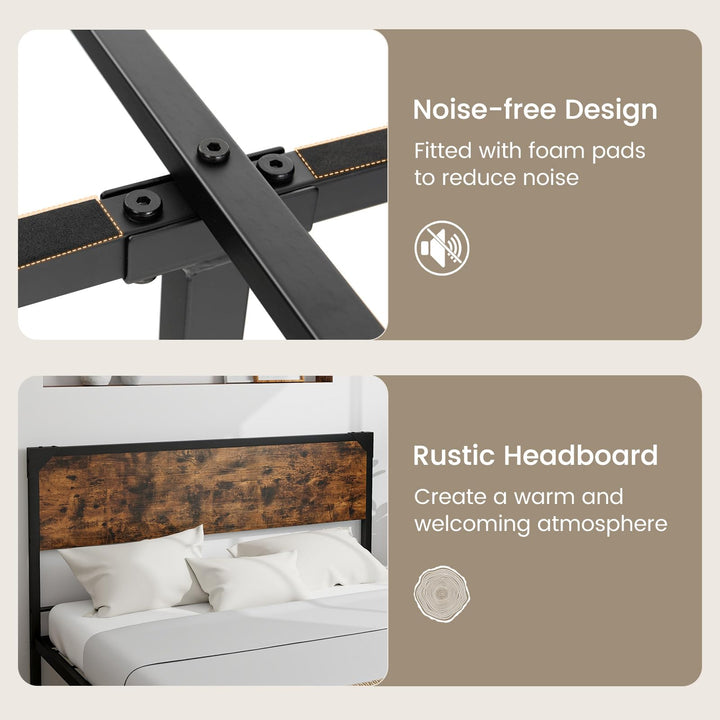 Giantex Full Size Bed Frame with Rustic Headboard &amp; Footboard, Strong Metal Slat Support Mattress Foundation