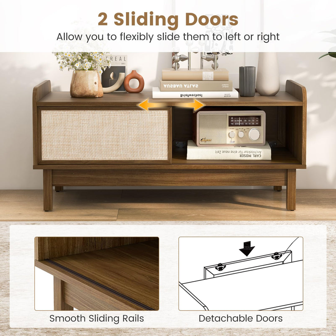 Giantex Coffee Table with Storage and Sliding Doors, Mid-Century Modern Coffee Table with Adjustable &amp; Removable Shelf