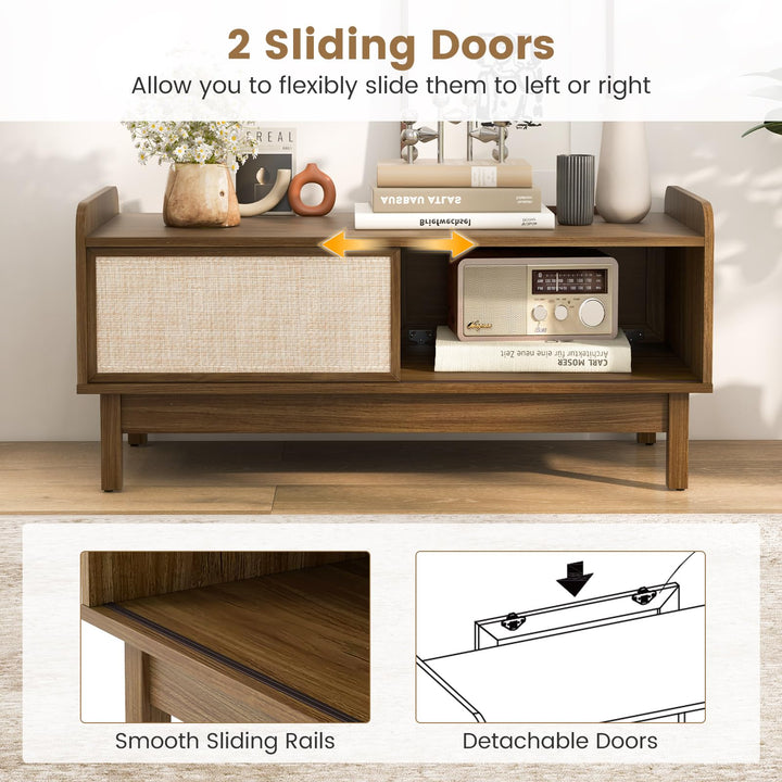 Giantex Coffee Table with Storage and Sliding Doors, Mid-Century Modern Coffee Table with Adjustable &amp; Removable Shelf