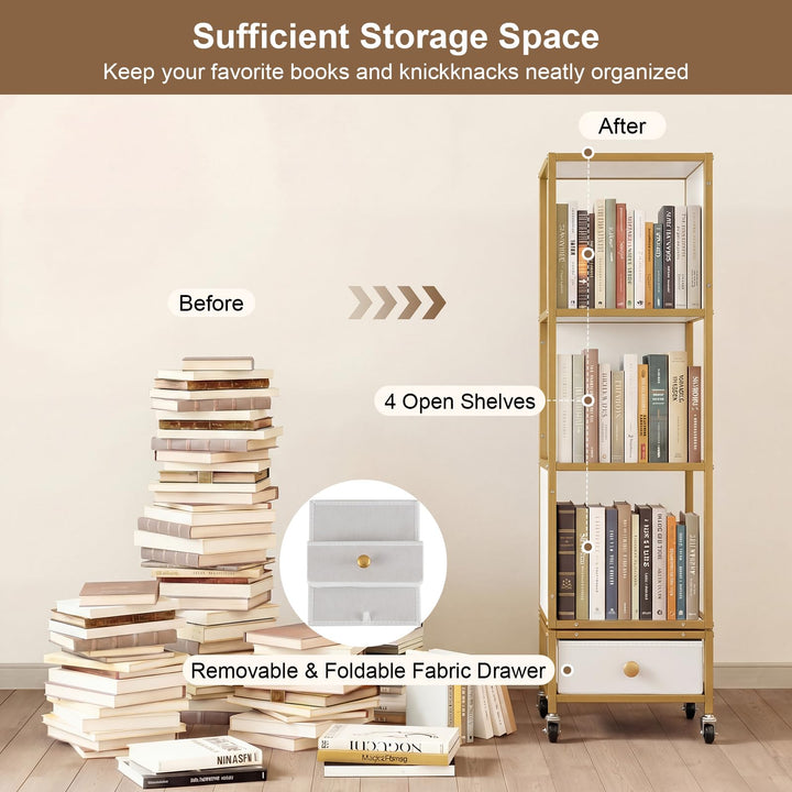 Giantex 4-Tier Rotating Bookshelf | 360° Spinning Corner Book Shelf Tower W/Removable Fabric Storage Drawer