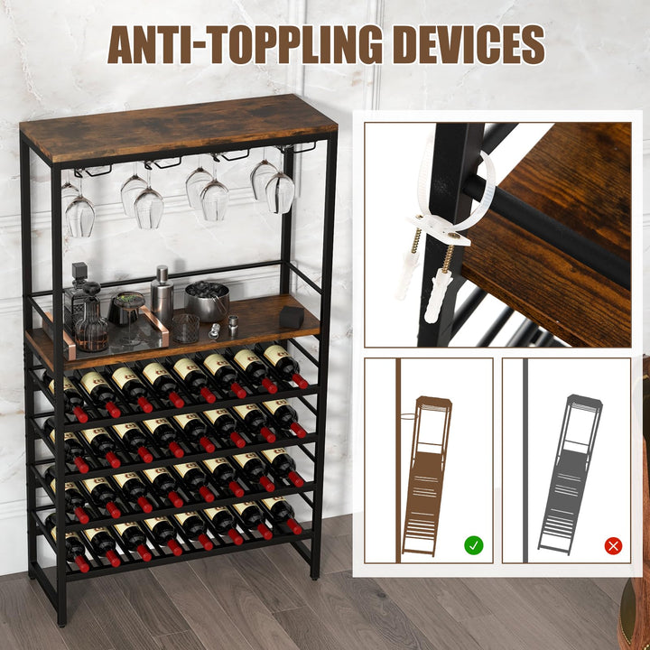 Floor Wine Rack w/ 4-Tier Wine Storage &amp; 4 Rows of Stemware Racks