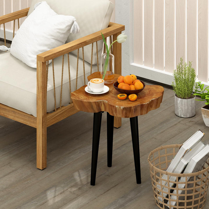 Giantex Teak Wood Outdoor Side Table - 18” End Table with Solid Live Edge, Irregular Tabletop, Mahogany Tapered Legs