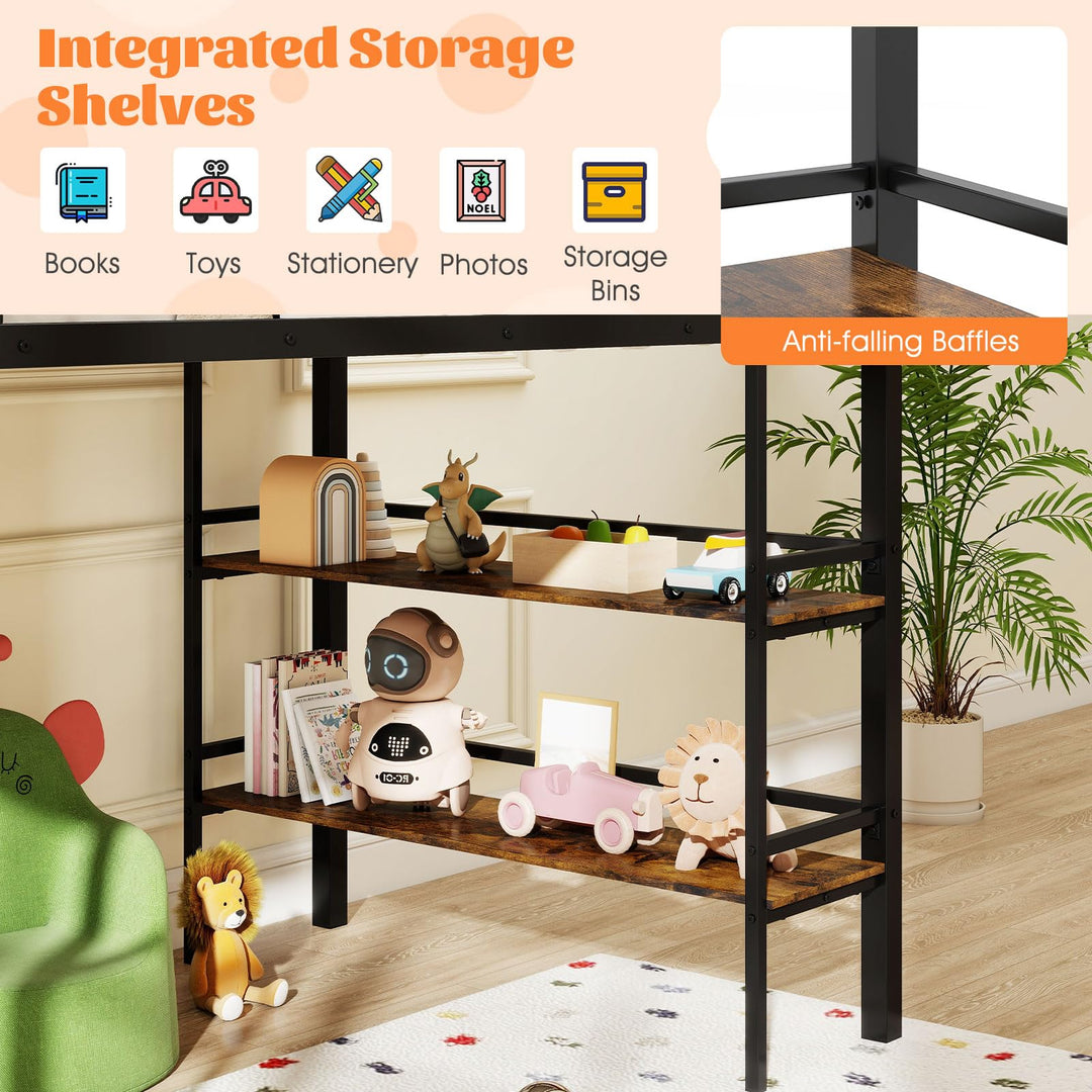 Giantex Low Loft Bed Twin Size Heavy Duty Metal Frame w/Storage Shelves
