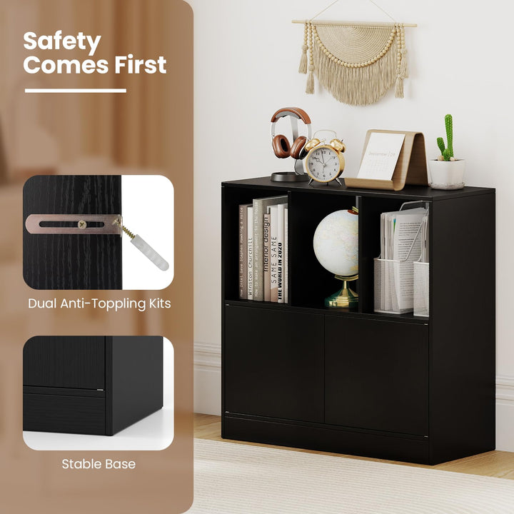 Giantex 3-Cube Bookcase with Doors | 3-Tier Cubic Bookshelf w/Open Compartments &amp; Cabinet