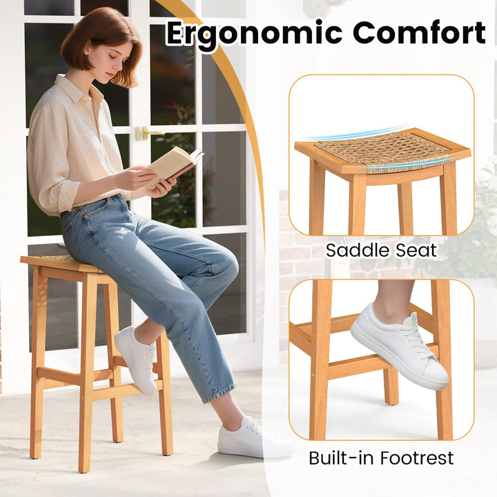 Giantex Outdoor Wooden 29" Bar Stools Set of 2/4 Backless Patio Barstools with PE Rattan Saddle Seat &amp; Footrest