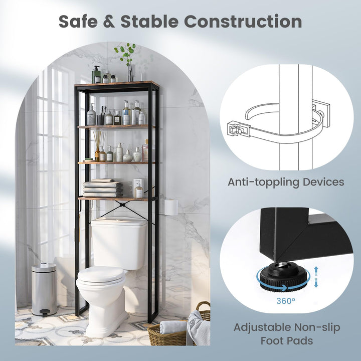 Giantex Over The Toilet Storage Rack, 4-Tier Wooden Bathroom Space Saver w/Metal Frame &amp; 2 Hooks