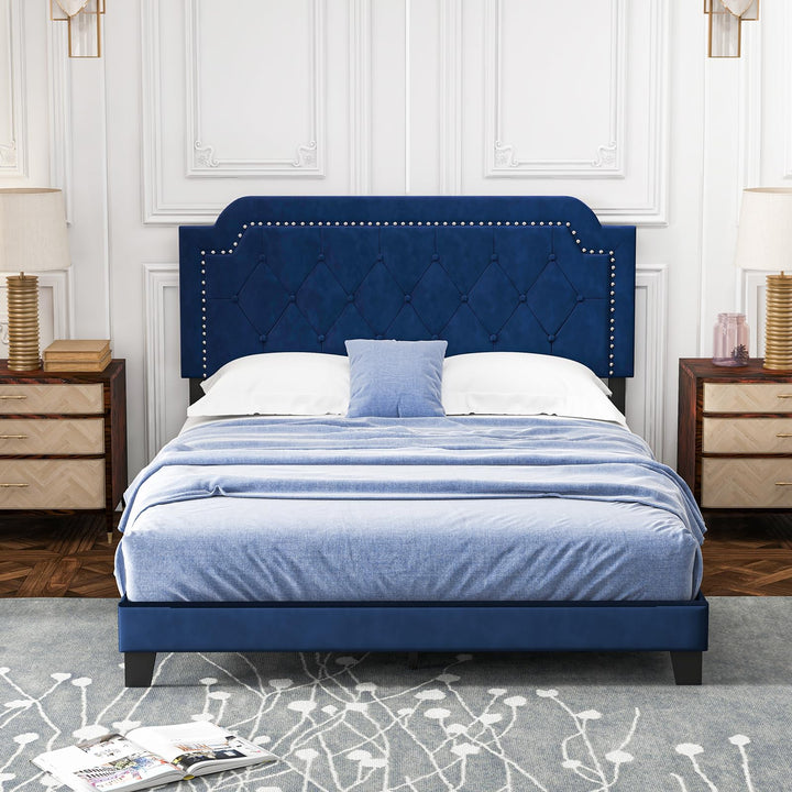Giantex Velvet Queen Size Bed Frame, Upholstered Platform Bed with Button Tufted &amp; Nailhead Trim Headboard