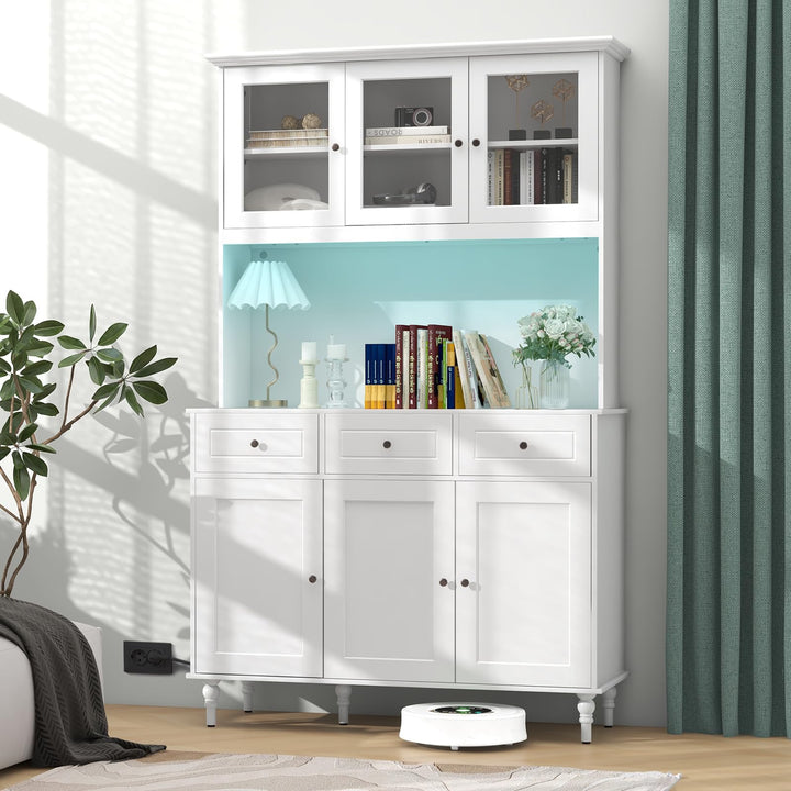 Giantex Pantry Cabinet, 77” Tall Buffet Cabinet with Hutch, LED Lights &amp; Charging Station