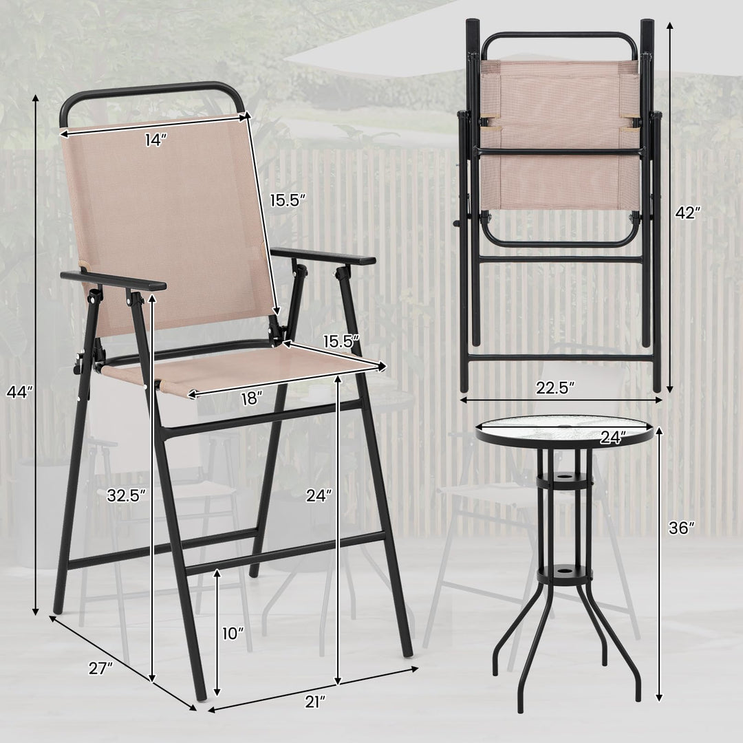 Giantex 3 PCS Outdoor Bistro Set, Patio Bar Table with 2 Folding Chairs