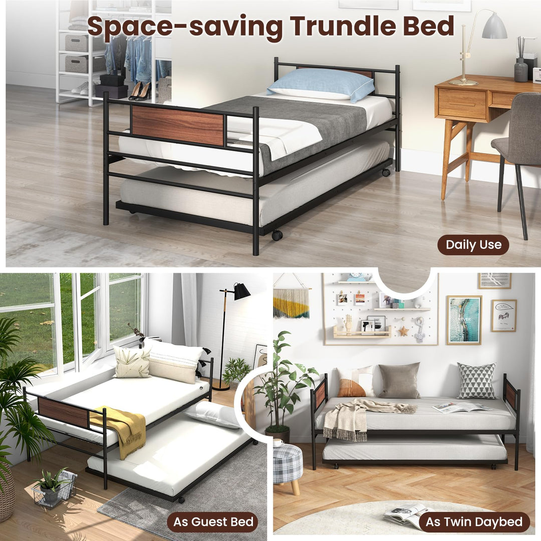 Giantex Metal Daybed with Trundle, Twin Size Day Bed with Wood Grain Headboard &amp; Metal Slat Support