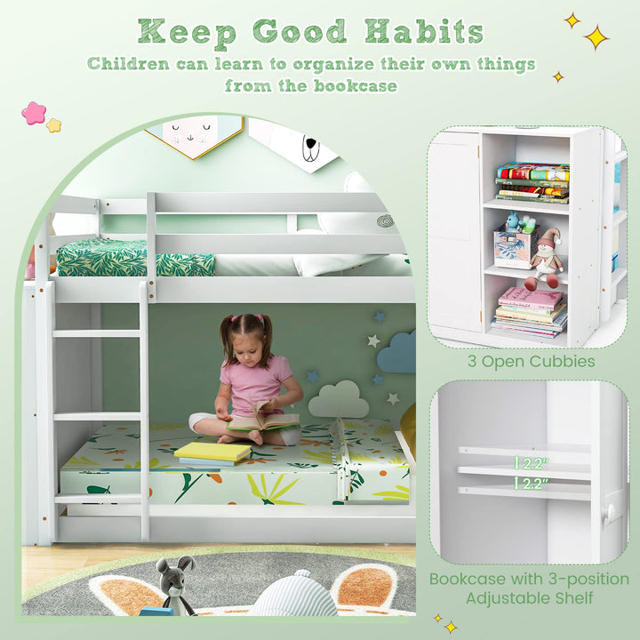 Giantex Twin Over Twin Bunk Bed with Storage Shelves, Solid Wood Bunk Bed Frame with Convertible Bookcase &amp; Ladder, White