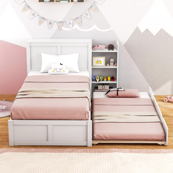 Giantex Full Bed Frame with Twin Trundle, Wooden Bed Wooden Bed Frame with 2 Rolling Bookcases &amp; High Headboard