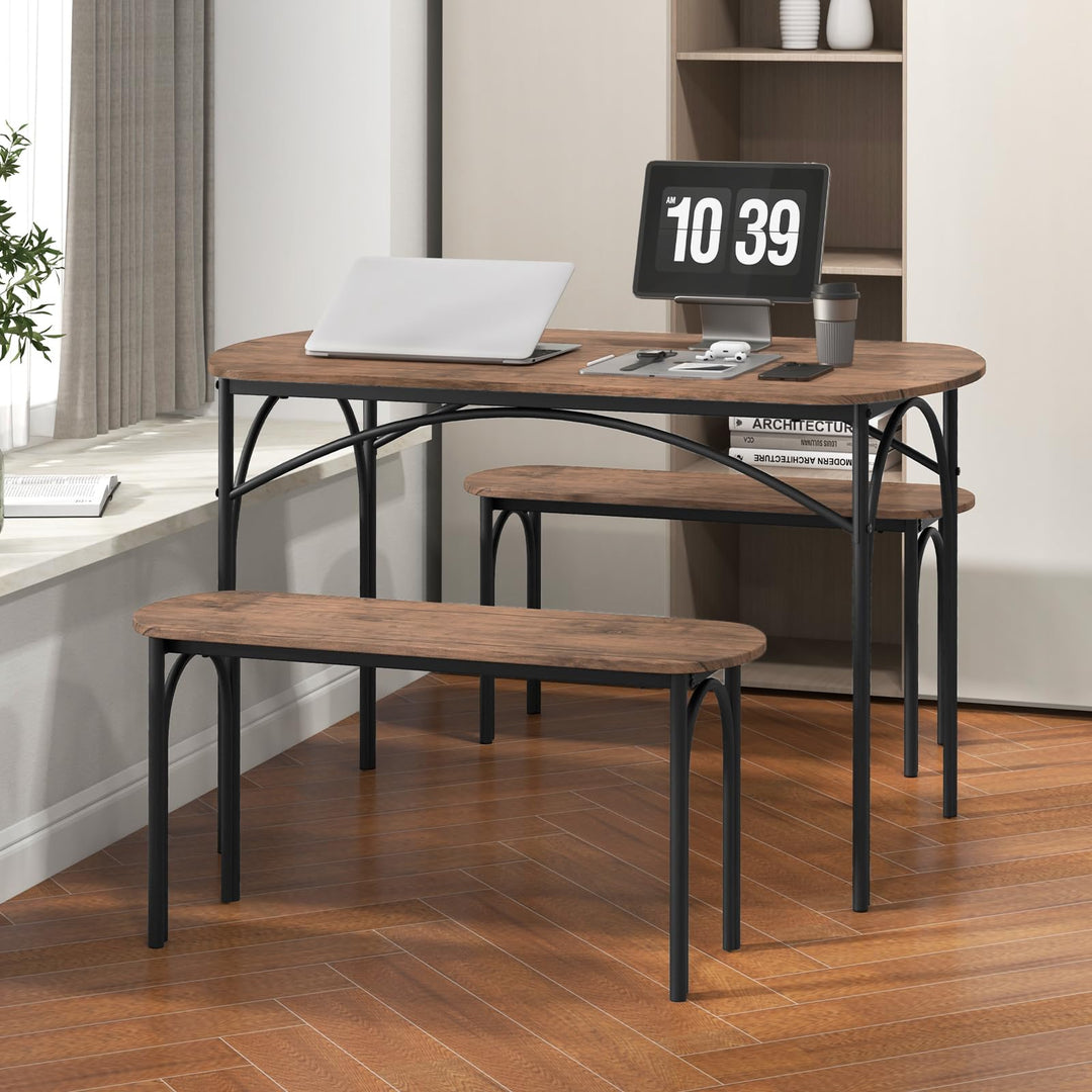 Giantex Dining Table Set for 4, Modern Oval Kitchen Table Set with 2 Benches, Metal Frame