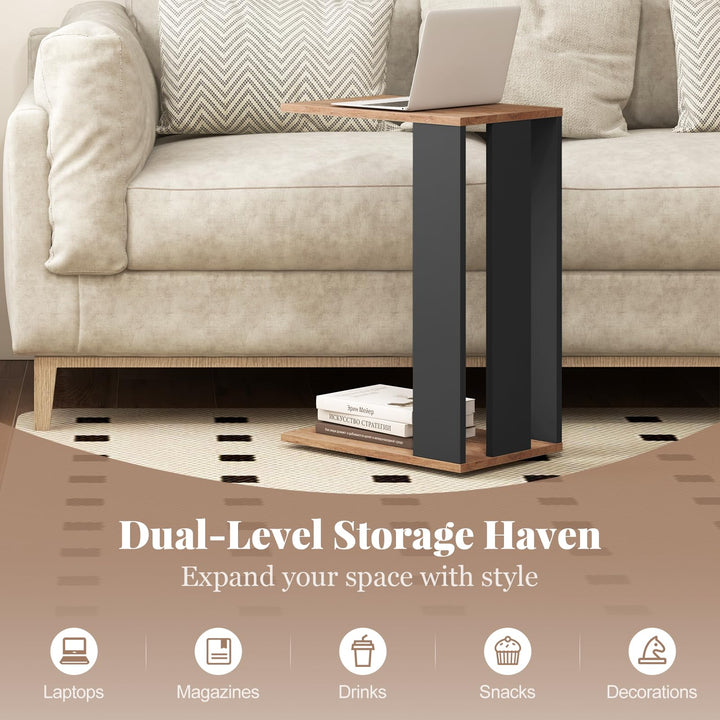 Giantex C Shaped End Table, 2-Tier Sofa Side Table with Universal Wheels &amp; Storage Shelf