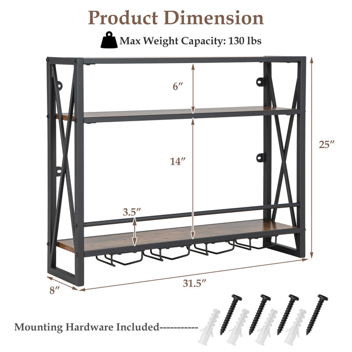 Giantex Industrial Wall-Mounted Wine Rack, 3 Tiers Metal Hanging Wine Shelf with Glass Holder