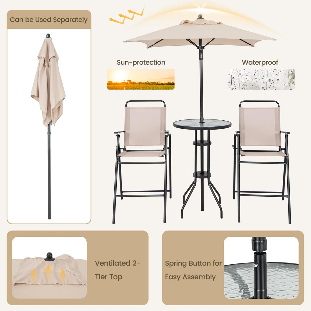 Giantex 4-Piece Outdoor Bar Set, Round High Top Bar Table with 2 Folding Counter Height Chairs &amp; Umbrella