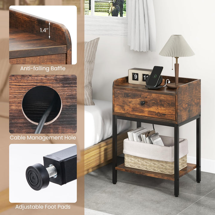 Giantex Nightstand with Charging Station, Industrial Bedside Table with Storage Drawer &amp; Open Shelf