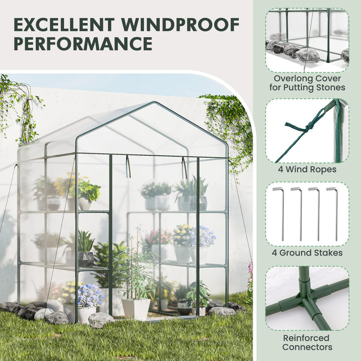 Giantex Walk-in Greenhouse w/ 3 Tiers 4 Shelves, 4 Ground Stakes &amp; Ropes, PVC Cover
