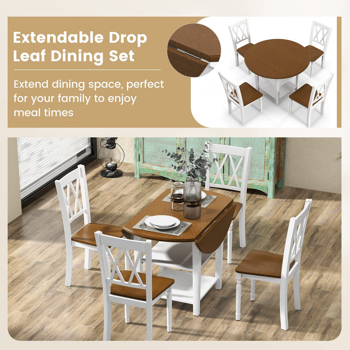 Giantex Dining Table Set for 4 w/Drop Leaf Round Kitchen Table &amp; 4 Chairs, Dining Room Table w/Storage