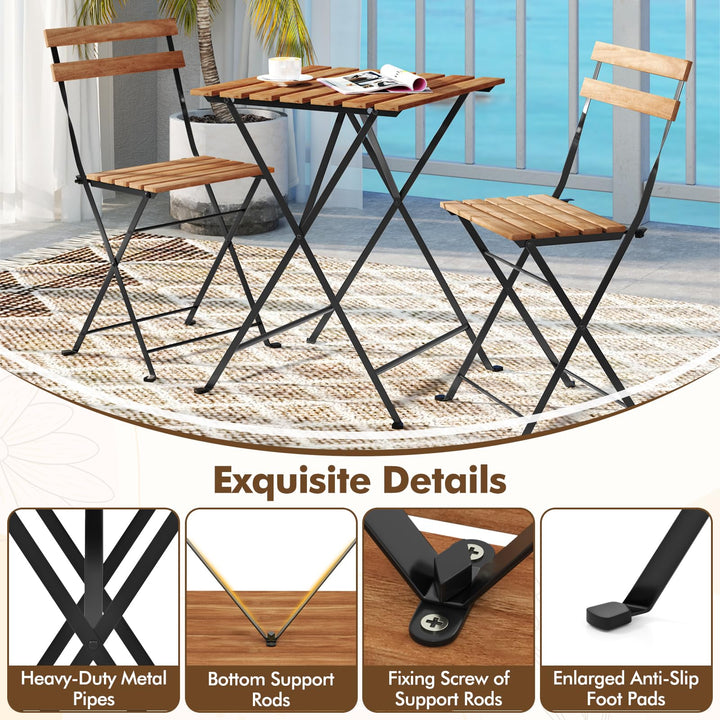 Giantex 3-Piece Acacia Wood Bistro Set with 2 Folding Chairs, Slatted Seat &amp; Tabletop