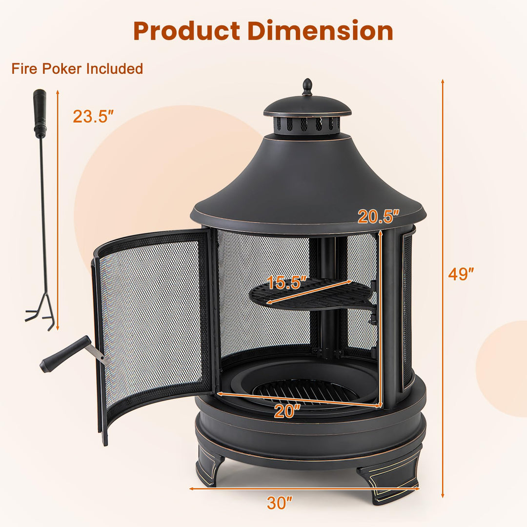 Giantex 2 in 1 Outdoor Fire Pit with Grill, 30 Inch Metal Chiminea, Wood Burning Fireplace with Chimney