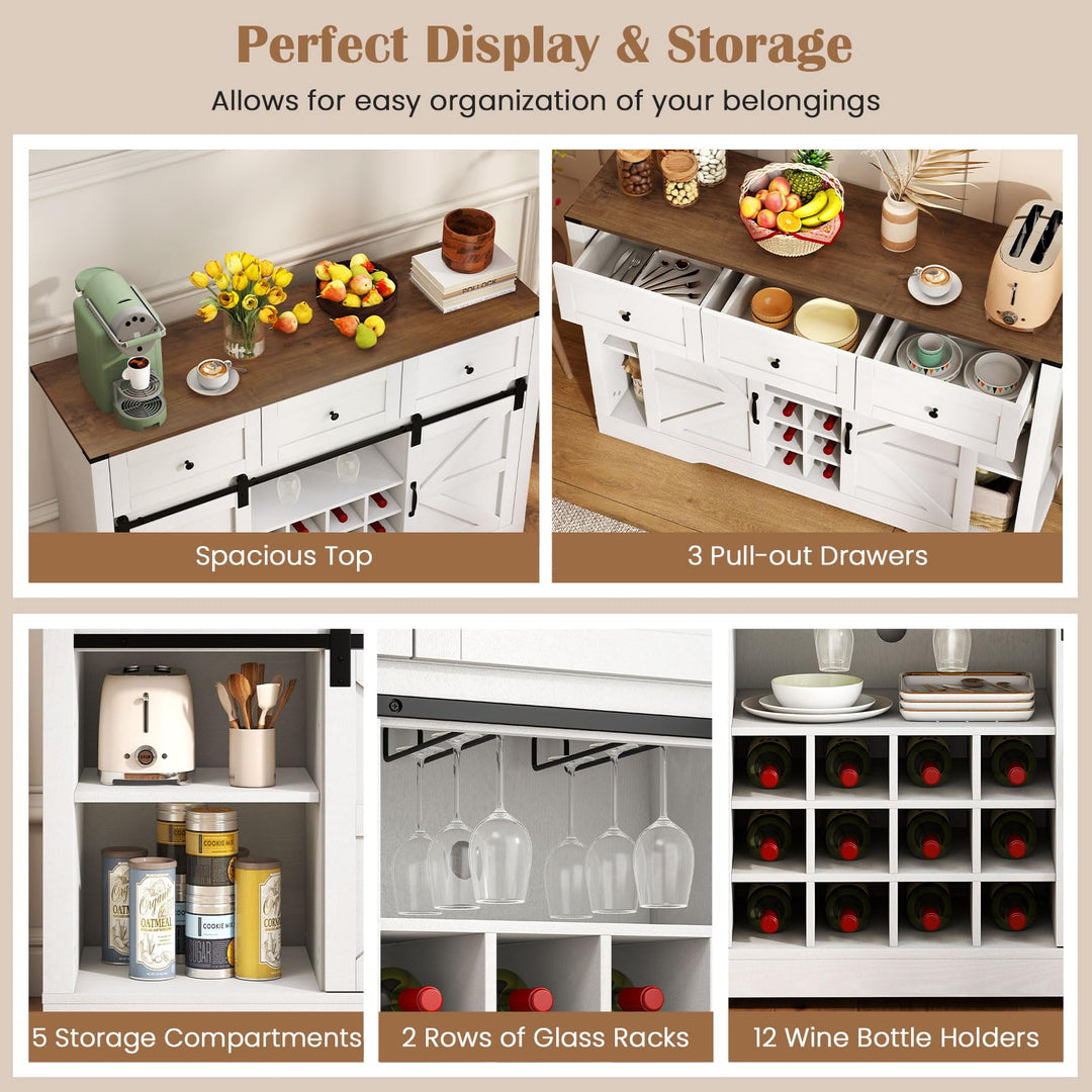 Giantex Wine Bar Cabinet with LED Lights 52" Buffet Sideboard w/Sliding Barn Door 3 Drawer
