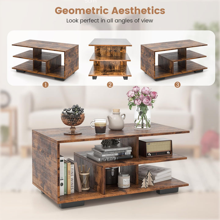 Giantex Coffee Table with Storage, Modern Rectangular Accent Table with L-shaped Middle Shelf