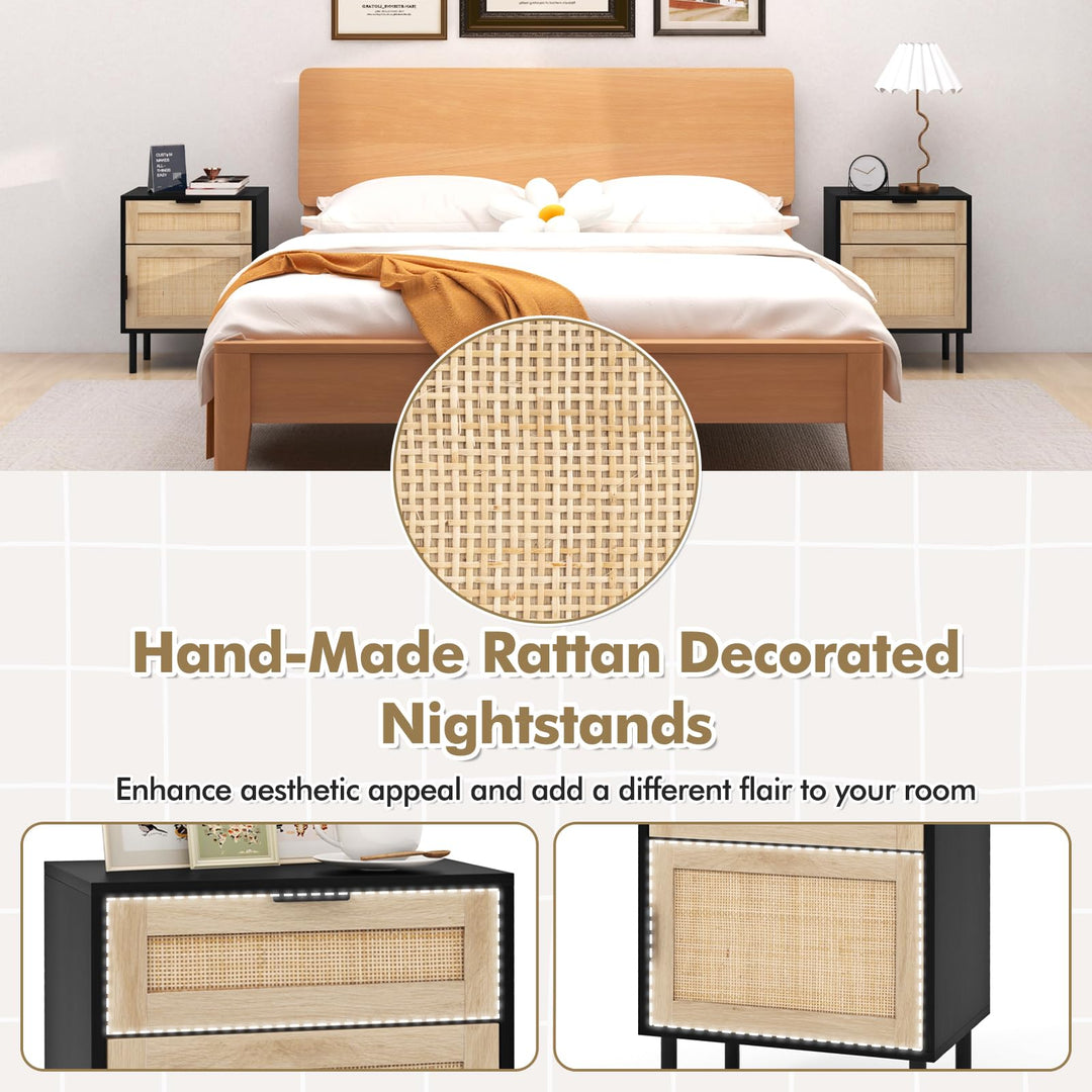 Giantex Rattan Nightstand Set of 2, Mid Century Modern End Table with Drawer &amp; Cabinet, Sofa Side Table with Sturdy Metal Legs