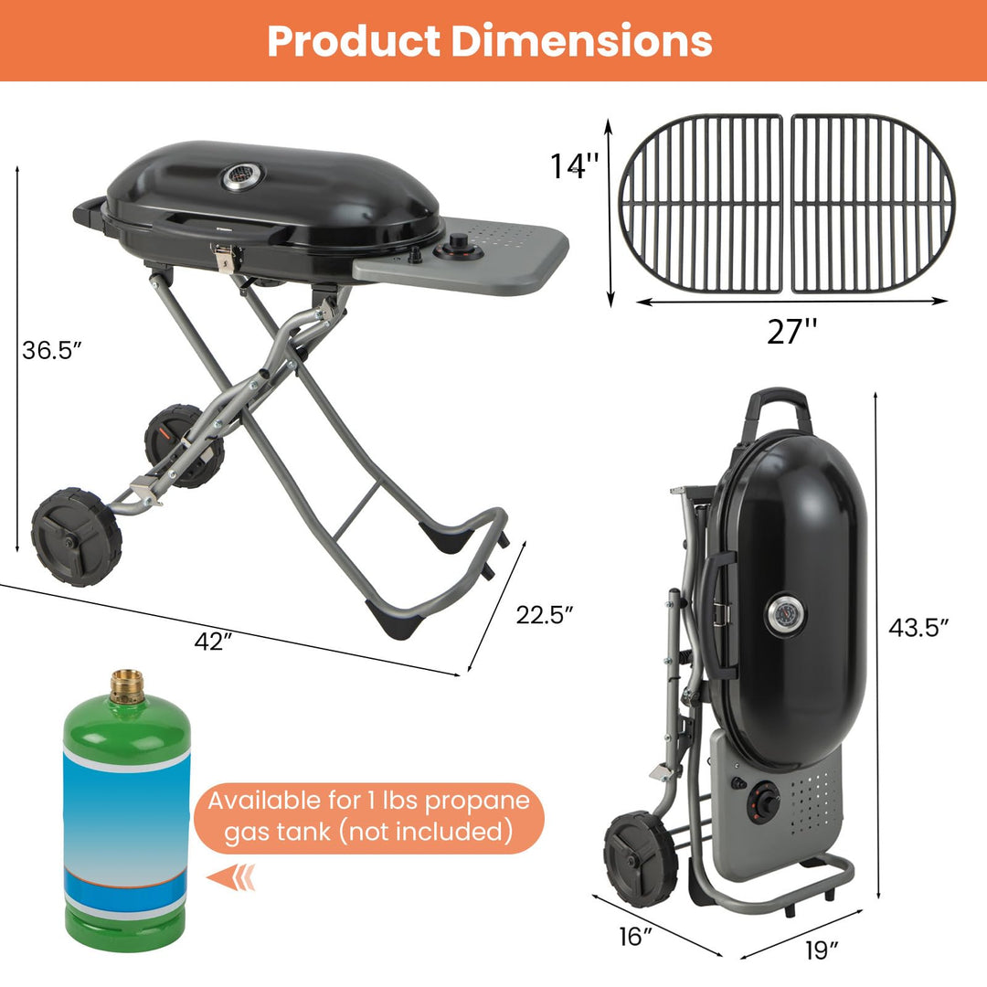 Giantex Gas Grill, Portable Propane Grill with 15,000 BTUs Burner, Side Table, 2 Wheels, Grease Tray