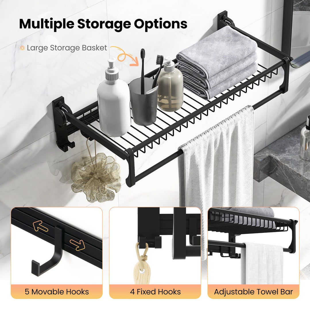 Giantex Foldable Towel Rack for Bathroom, Wall Mounted Towel Holder Organizer w/ 1 Basket, 1 Towel Bar &amp; 5 Sliding Hooks