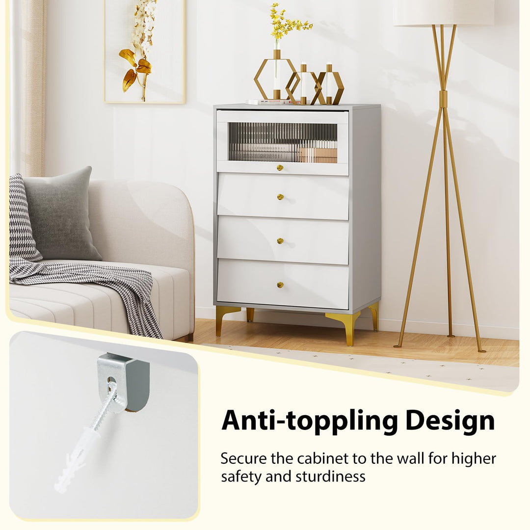 Giantex 3 Drawer Dresser, Modern Storage Cabinet w/Flip Up Fluted Glass Door &amp; Pull-Out Drawers