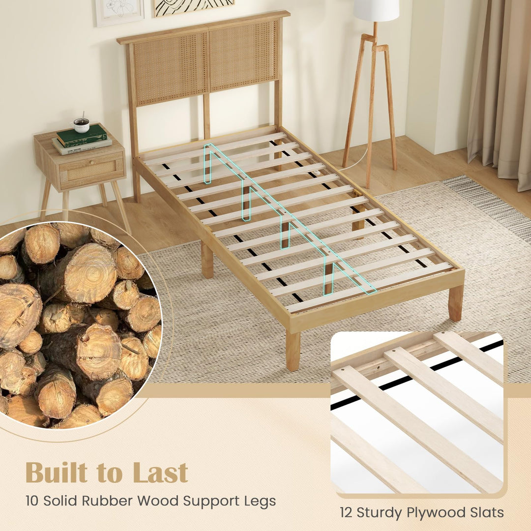 Giantex Queen/Full/Twin Size Bed Frames with Rattan Headboard, Boho Solid Wood Platform Bed with Wooden Slats